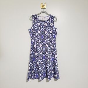 Talbots Medallion Midi Fit & Flare Dress 10 Blue White Sleeveless Preppy Boho